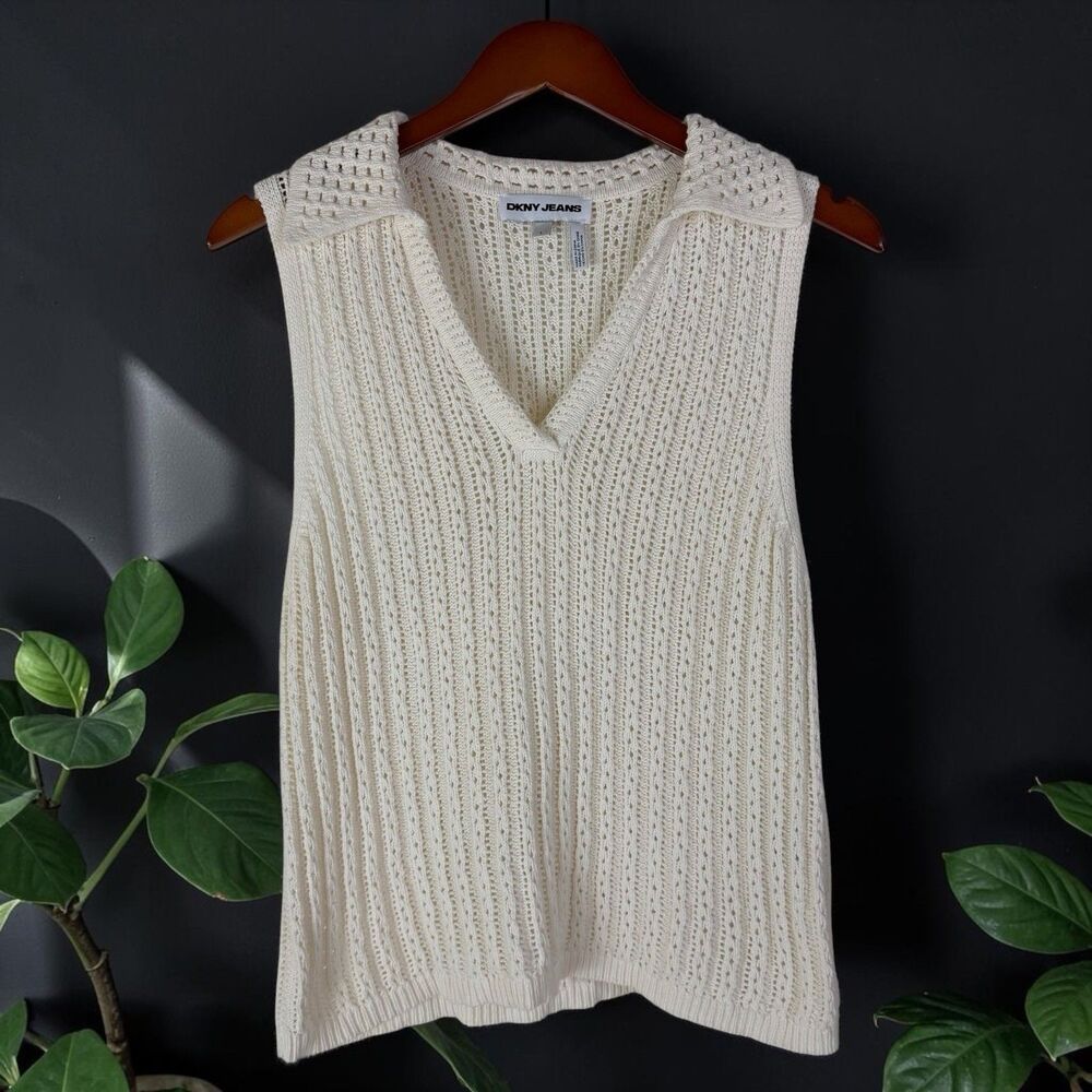 DKNY Quiet Luxury Old Money Collared Pointelle Knit Sweater Vest Ivory Cream L